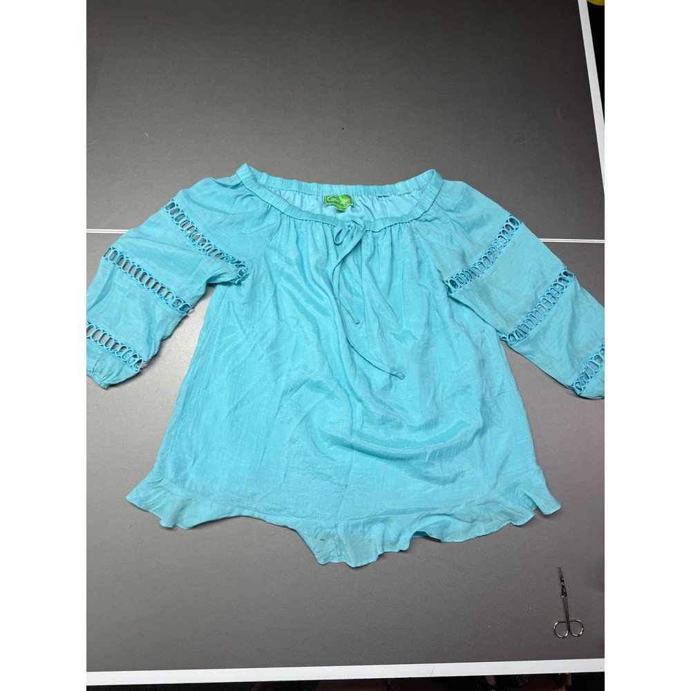 Pappagallo Turquoise Ladder Lace Ruffle Blouse XL boho cottagecore office